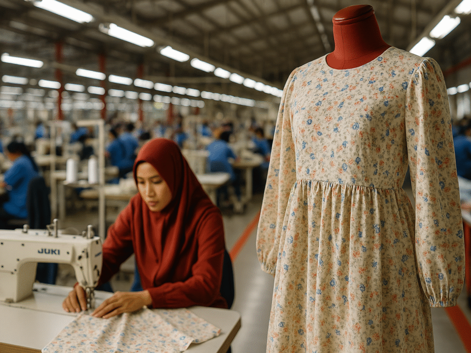 Gaun berbahan katun Jepang bermotif floral di atas manekin, di tengah suasana pabrik tekstil modern di Jawa Barat, dengan pekerja wanita berhijab merah fokus menjahit di latar depan, aksen warna merah.
