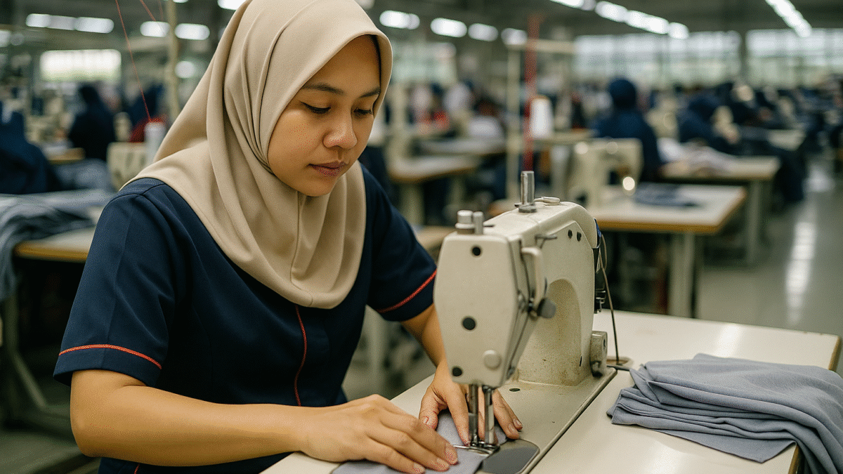 Seorang penjahit perempuan sedang menjahit pakaian dengan mesin jahit di pabrik tekstil modern di Jawa Barat, terlihat detail ketelitian dan suasana produksi.