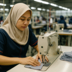 Seorang penjahit perempuan sedang menjahit pakaian dengan mesin jahit di pabrik tekstil modern di Jawa Barat, terlihat detail ketelitian dan suasana produksi.