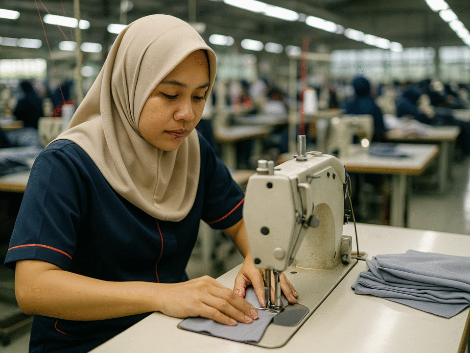 Seorang penjahit perempuan sedang menjahit pakaian dengan mesin jahit di pabrik tekstil modern di Jawa Barat, terlihat detail ketelitian dan suasana produksi.