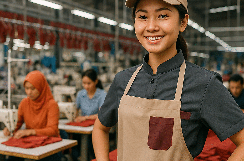 Seorang barista wanita muda mengenakan seragam café modern di dalam pabrik tekstil konveksi Jawa Barat, dengan nuansa hangat dan sedikit aksen merah.