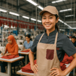 Seorang barista wanita muda mengenakan seragam café modern di dalam pabrik tekstil konveksi Jawa Barat, dengan nuansa hangat dan sedikit aksen merah.