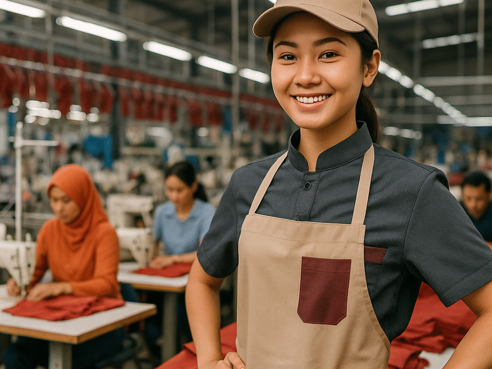Seorang barista wanita muda mengenakan seragam café modern di dalam pabrik tekstil konveksi Jawa Barat, dengan nuansa hangat dan sedikit aksen merah.