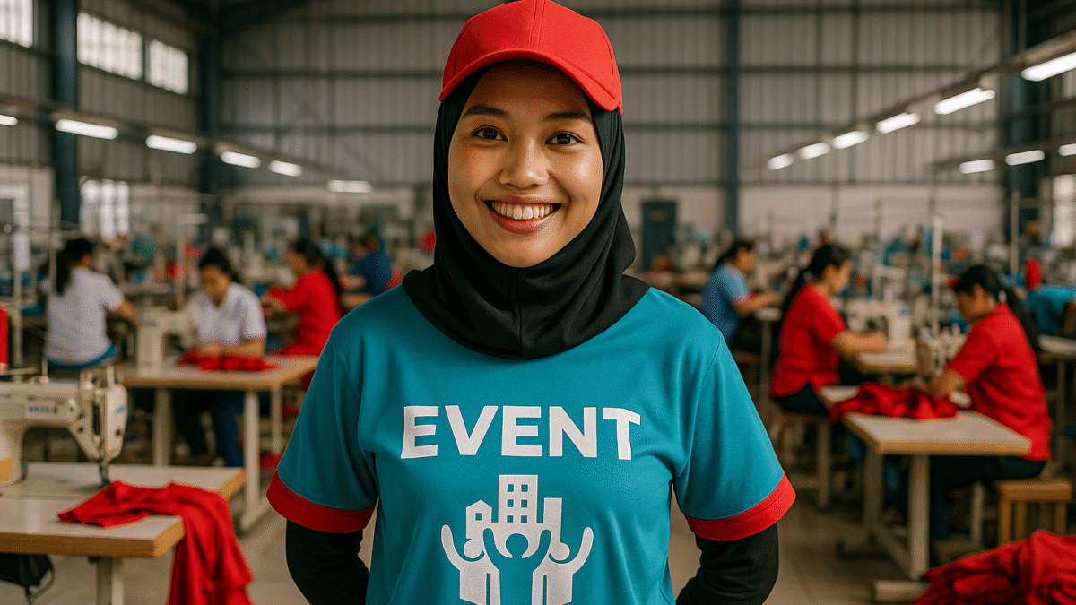 Karyawan perempuan muda tersenyum memakai seragam event dan topi merah di pabrik konveksi modern Jawa Barat.