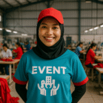 Karyawan perempuan muda tersenyum memakai seragam event dan topi merah di pabrik konveksi modern Jawa Barat.