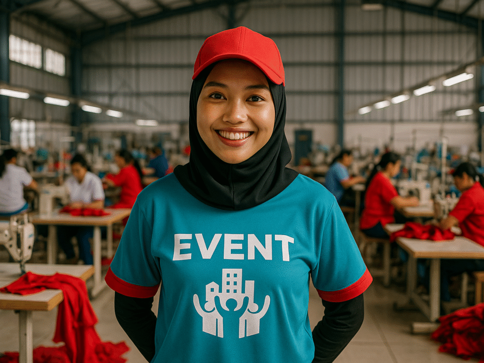 Karyawan perempuan muda tersenyum memakai seragam event dan topi merah di pabrik konveksi modern Jawa Barat.