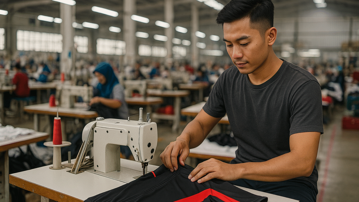 Seorang pekerja muda Asia Tenggara sedang menjahit jersey sepeda hitam dengan aksen merah di pabrik konveksi tekstil modern di Jawa Barat.