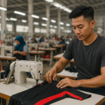 Seorang pekerja muda Asia Tenggara sedang menjahit jersey sepeda hitam dengan aksen merah di pabrik konveksi tekstil modern di Jawa Barat.