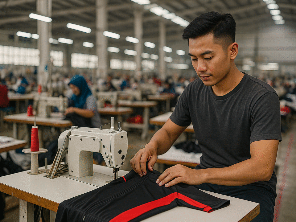Seorang pekerja muda Asia Tenggara sedang menjahit jersey sepeda hitam dengan aksen merah di pabrik konveksi tekstil modern di Jawa Barat.