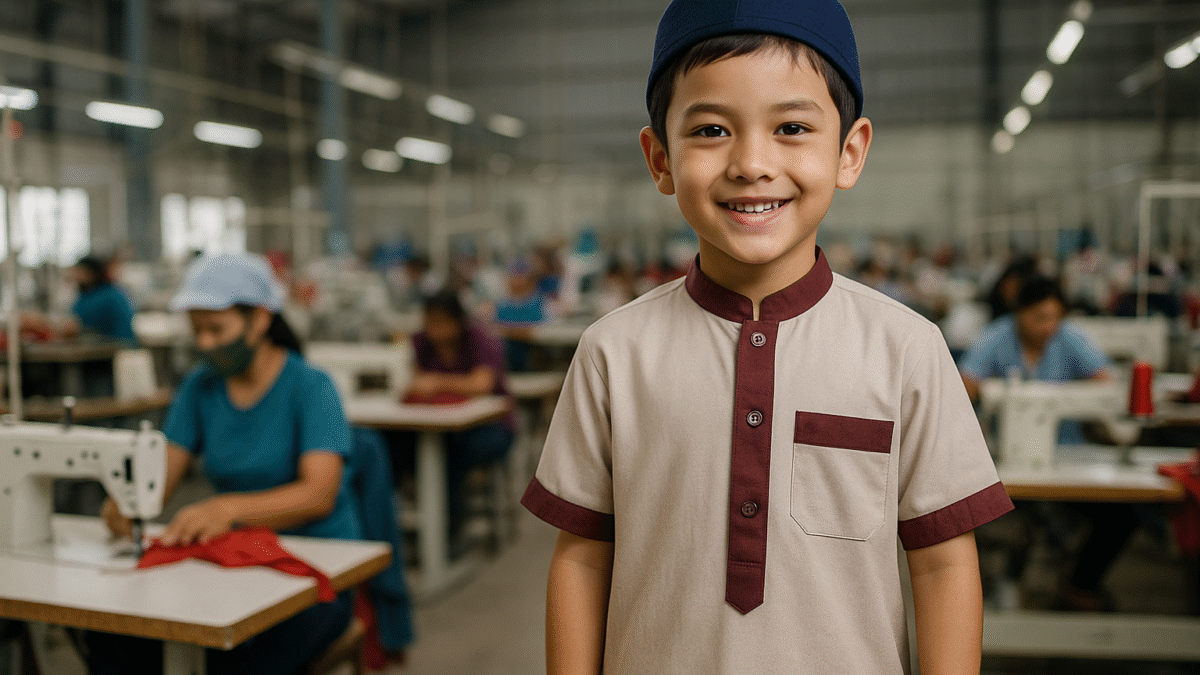 Seorang anak laki-laki tersenyum mengenakan baju muslim modern beraksen merah, berdiri di dalam pabrik konveksi tekstil modern di Jawa Barat.