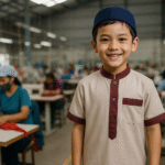 Seorang anak laki-laki tersenyum mengenakan baju muslim modern beraksen merah, berdiri di dalam pabrik konveksi tekstil modern di Jawa Barat.