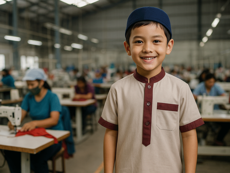 Seorang anak laki-laki tersenyum mengenakan baju muslim modern beraksen merah, berdiri di dalam pabrik konveksi tekstil modern di Jawa Barat.