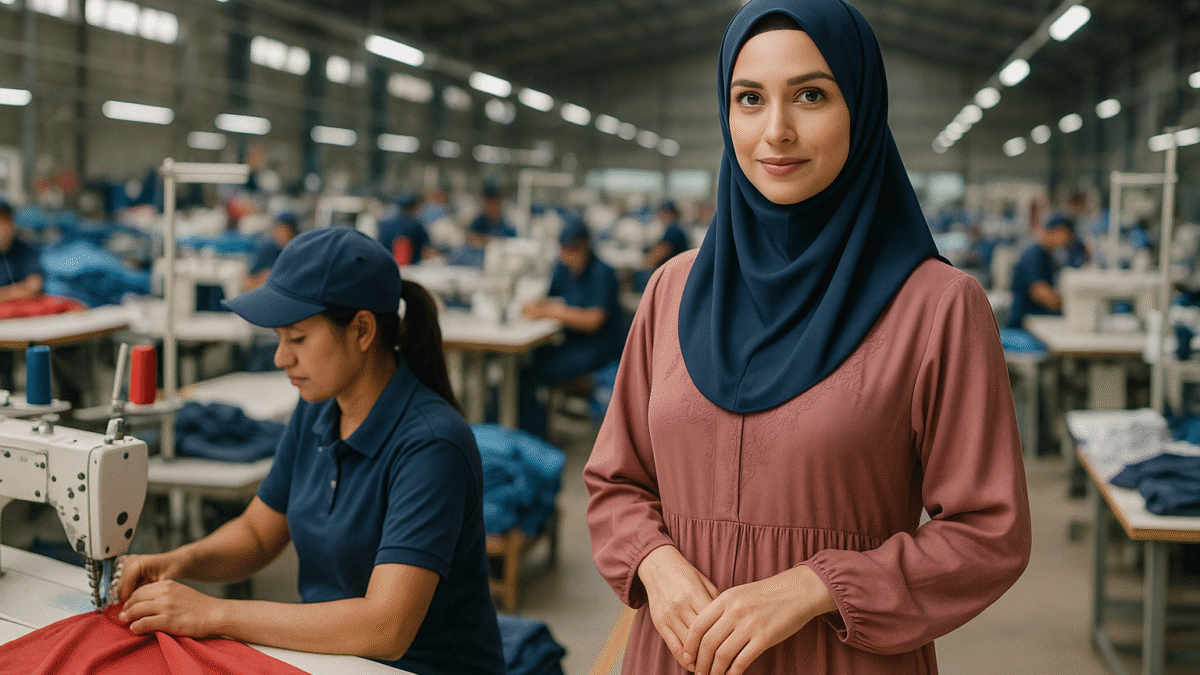 Seorang wanita berhijab berdiri di tengah pabrik konveksi modern di Jawa Barat, dengan pekerja sedang menjahit kain merah di latar belakang.