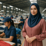 Seorang wanita berhijab berdiri di tengah pabrik konveksi modern di Jawa Barat, dengan pekerja sedang menjahit kain merah di latar belakang.