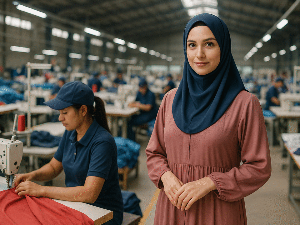 Seorang wanita berhijab berdiri di tengah pabrik konveksi modern di Jawa Barat, dengan pekerja sedang menjahit kain merah di latar belakang.