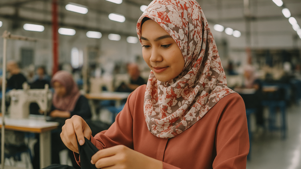 Seorang wanita muda berhijab motif floral bekerja di pabrik konveksi modern, dengan latar suasana produksi garmen di Jawa Barat.
