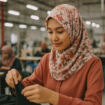 Seorang wanita muda berhijab motif floral bekerja di pabrik konveksi modern, dengan latar suasana produksi garmen di Jawa Barat.