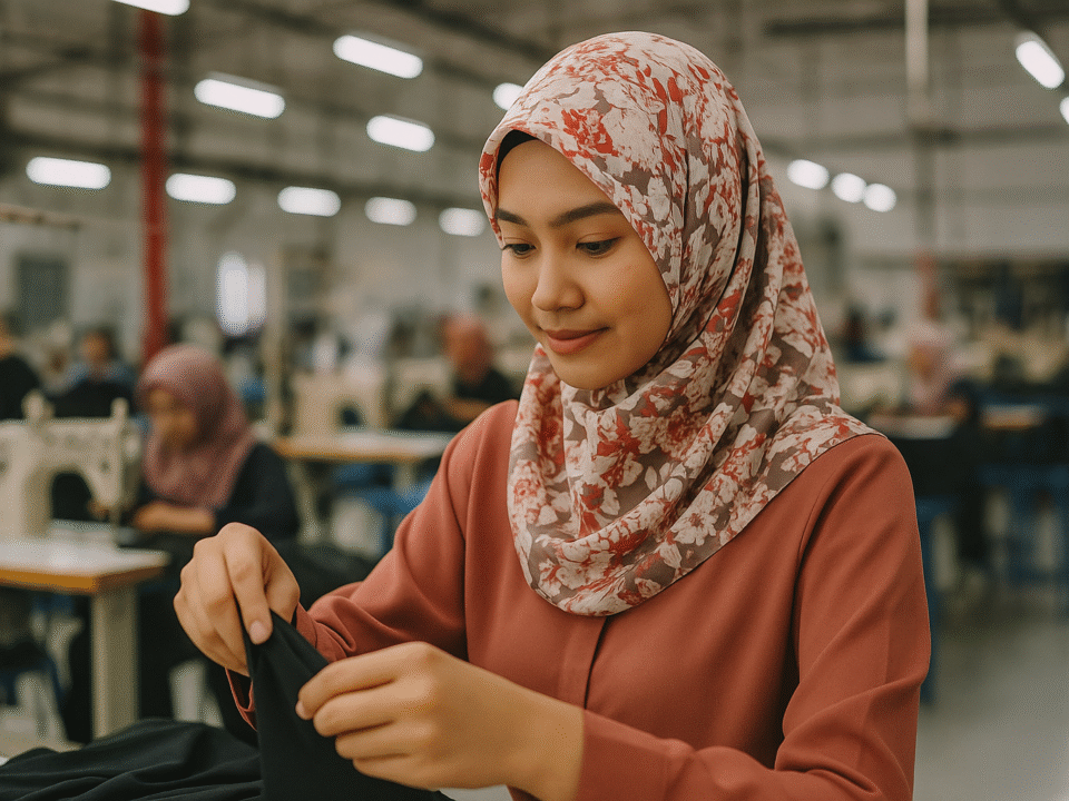 Seorang wanita muda berhijab motif floral bekerja di pabrik konveksi modern, dengan latar suasana produksi garmen di Jawa Barat.