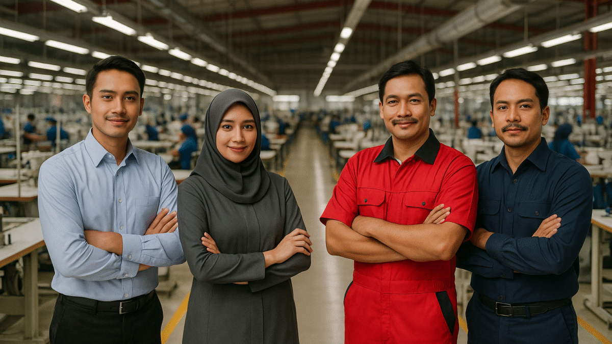 Empat pekerja dewasa Indonesia memakai seragam kerja modern berpose di dalam pabrik tekstil garment Jawa Barat dengan nuansa profesional dan aksen merah.