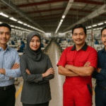 Empat pekerja dewasa Indonesia memakai seragam kerja modern berpose di dalam pabrik tekstil garment Jawa Barat dengan nuansa profesional dan aksen merah.