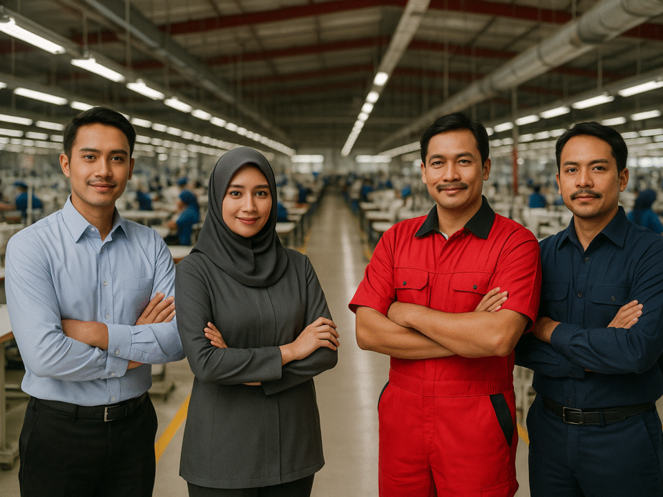 Empat pekerja dewasa Indonesia memakai seragam kerja modern berpose di dalam pabrik tekstil garment Jawa Barat dengan nuansa profesional dan aksen merah.