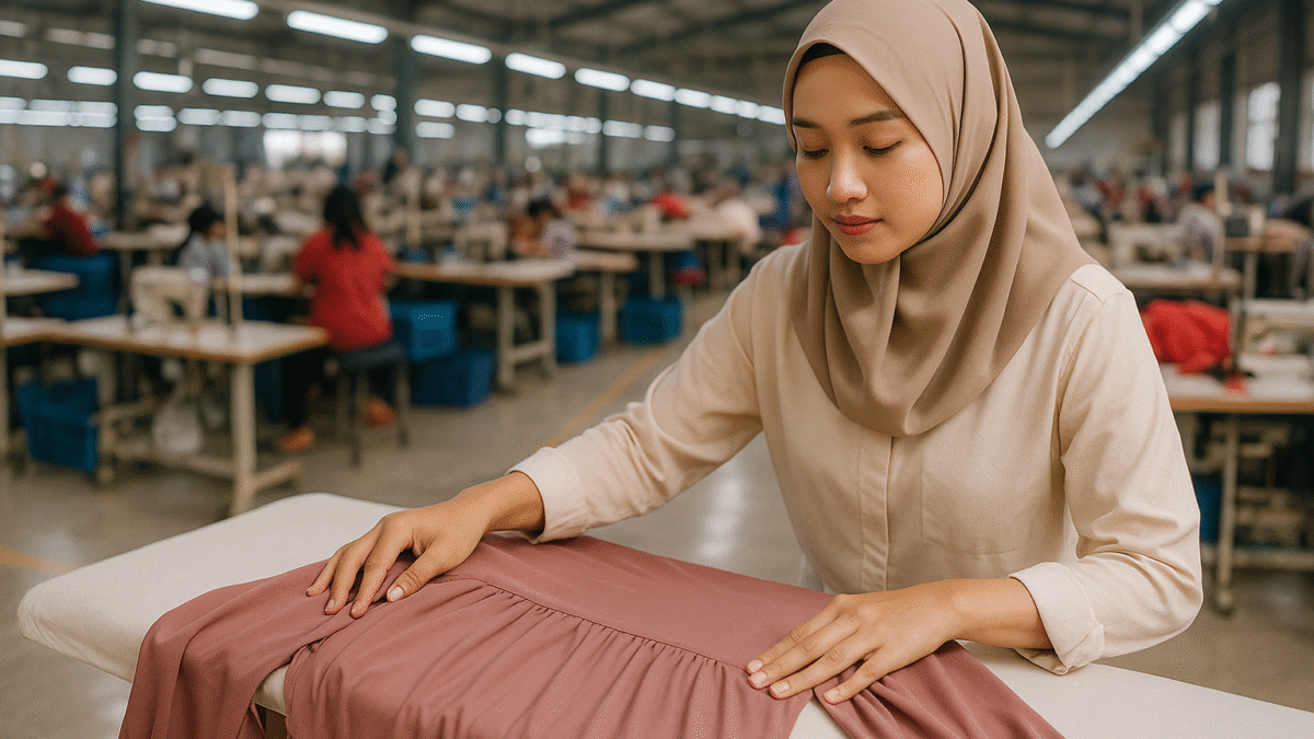 Seorang wanita dewasa berhijab sedang merapikan gamis berwarna dusty rose di meja setrika, berlatar pabrik tekstil modern Jawa Barat, dengan suasana aktif.