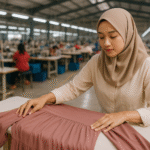 Seorang wanita dewasa berhijab sedang merapikan gamis berwarna dusty rose di meja setrika, berlatar pabrik tekstil modern Jawa Barat, dengan suasana aktif.