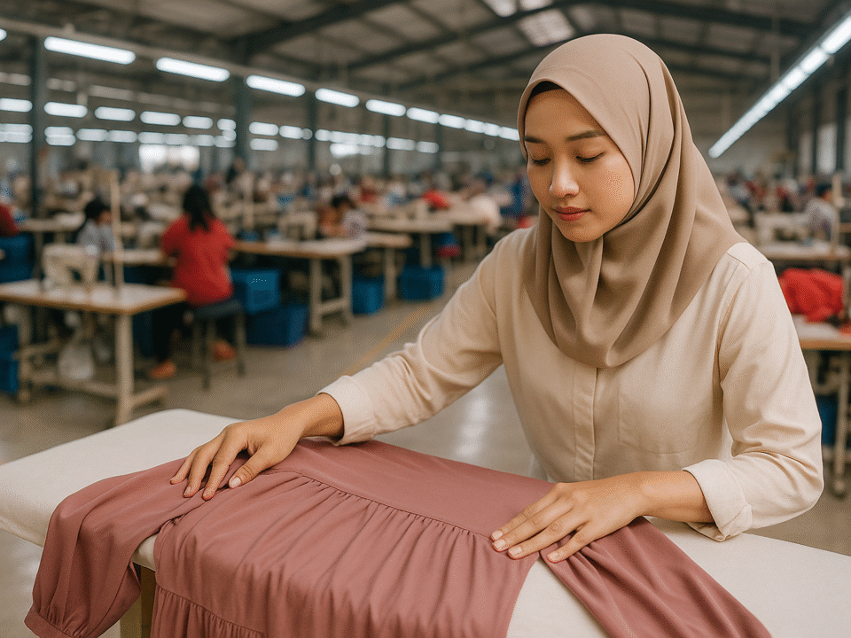 Seorang wanita dewasa berhijab sedang merapikan gamis berwarna dusty rose di meja setrika, berlatar pabrik tekstil modern Jawa Barat, dengan suasana aktif.