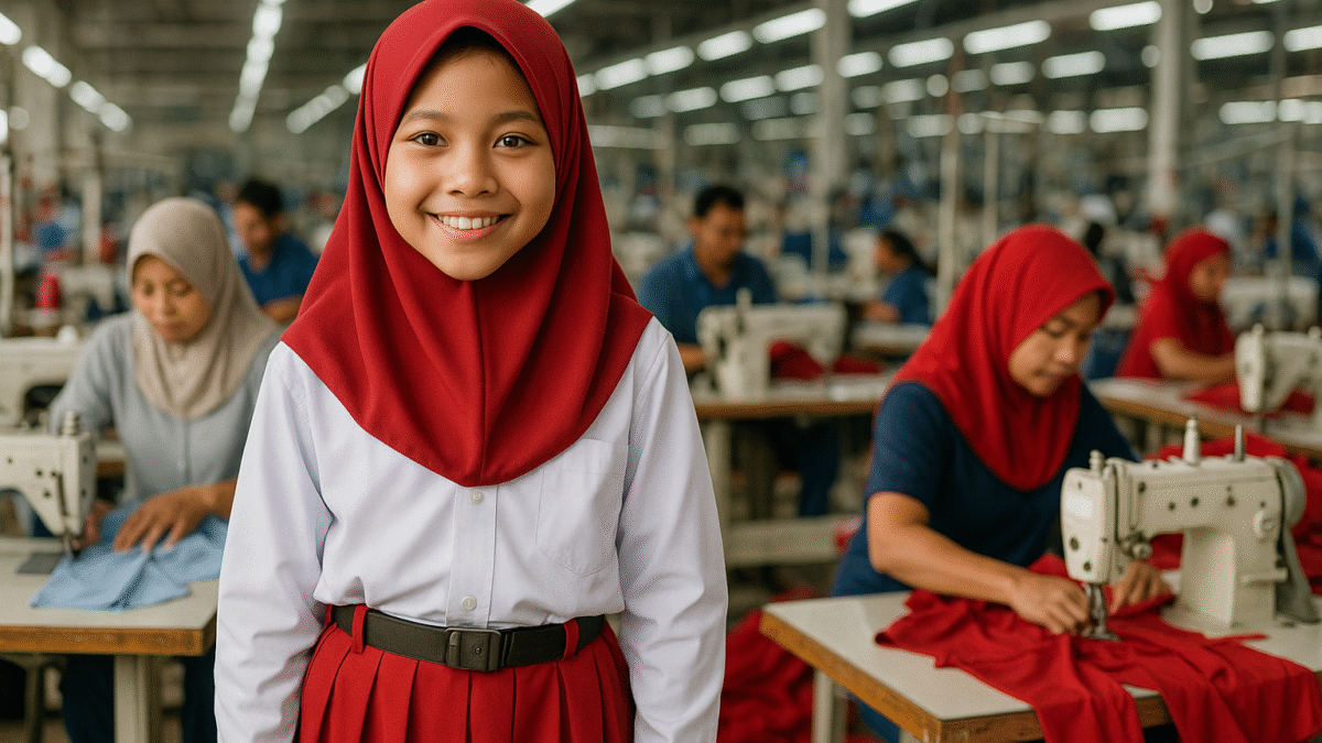 Siswi SD Indonesia memakai seragam sekolah lengan panjang dan hijab merah, berdiri di pabrik tekstil garment modern Jawa Barat, dikelilingi pekerja jahit.