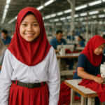 Siswi SD Indonesia memakai seragam sekolah lengan panjang dan hijab merah, berdiri di pabrik tekstil garment modern Jawa Barat, dikelilingi pekerja jahit.
