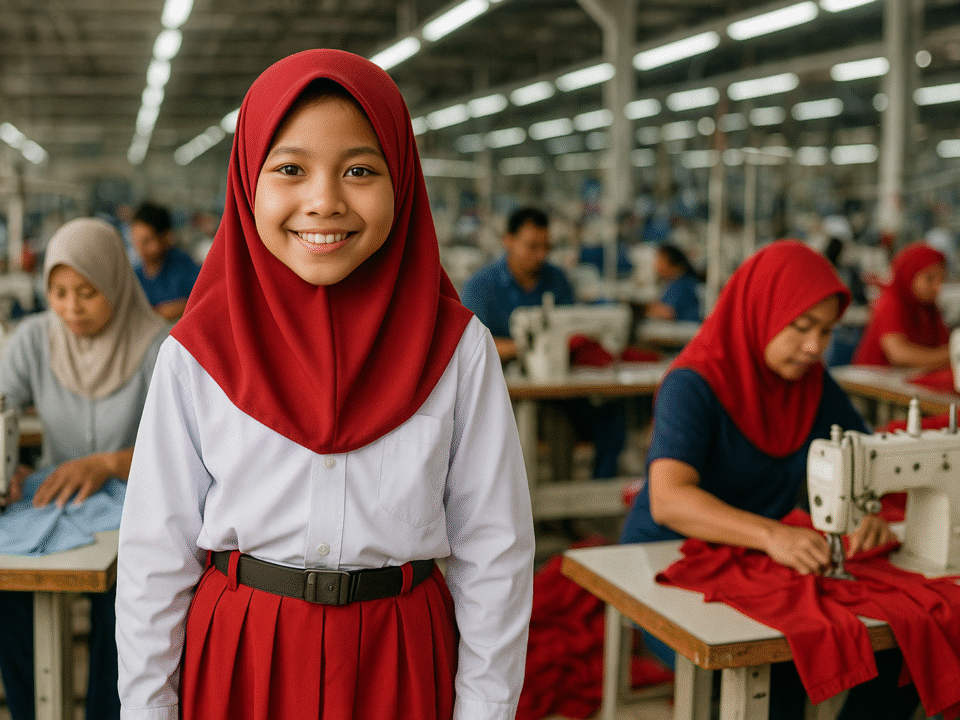 Siswi SD Indonesia memakai seragam sekolah lengan panjang dan hijab merah, berdiri di pabrik tekstil garment modern Jawa Barat, dikelilingi pekerja jahit.