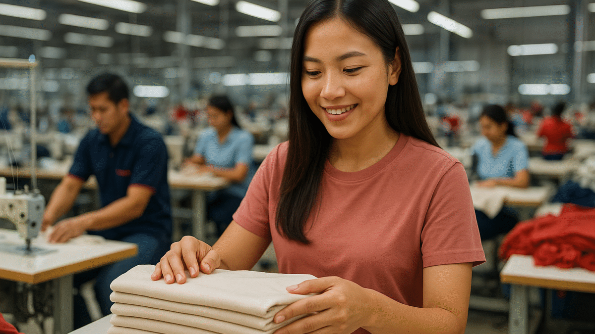 Seorang wanita dewasa Indonesia memeriksa tumpukan kain katun combed di pabrik tekstil garment modern Jawa Barat, suasana profesional dan hangat.