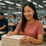 Seorang wanita dewasa Indonesia memeriksa tumpukan kain katun combed di pabrik tekstil garment modern Jawa Barat, suasana profesional dan hangat.