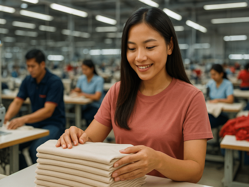 Seorang wanita dewasa Indonesia memeriksa tumpukan kain katun combed di pabrik tekstil garment modern Jawa Barat, suasana profesional dan hangat.