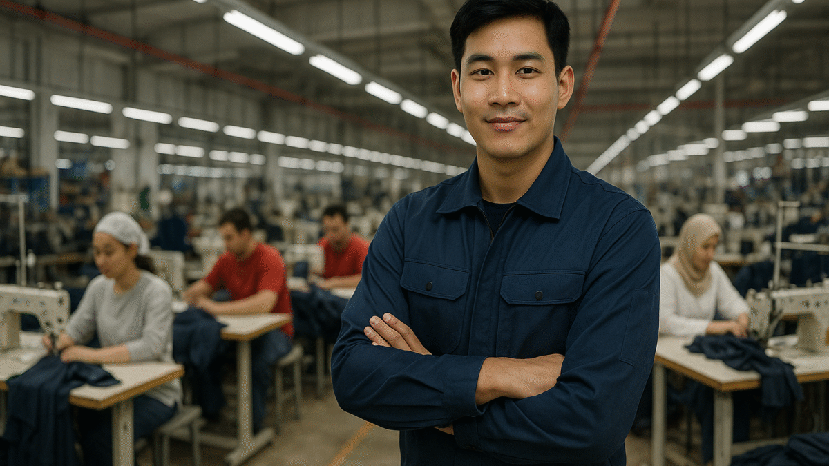 Pekerja pria dewasa memakai seragam pabrik warna biru tua berdiri percaya diri di pabrik tekstil modern Jawa Barat dengan pekerja lain di latar belakang.