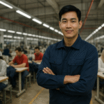 Pekerja pria dewasa memakai seragam pabrik warna biru tua berdiri percaya diri di pabrik tekstil modern Jawa Barat dengan pekerja lain di latar belakang.