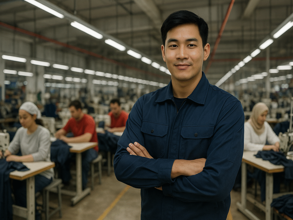 Pekerja pria dewasa memakai seragam pabrik warna biru tua berdiri percaya diri di pabrik tekstil modern Jawa Barat dengan pekerja lain di latar belakang.