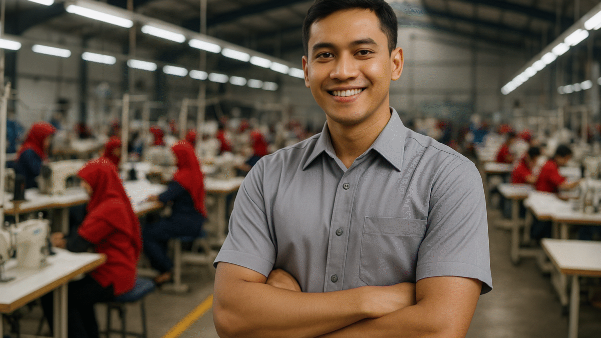 Seorang pria dewasa Indonesia mengenakan seragam kerja bahan polyester berdiri percaya diri di pabrik tekstil modern, di antara pekerja wanita berseragam merah.