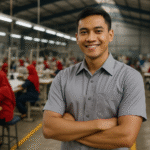 Seorang pria dewasa Indonesia mengenakan seragam kerja bahan polyester berdiri percaya diri di pabrik tekstil modern, di antara pekerja wanita berseragam merah.