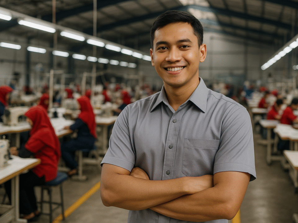 Seorang pria dewasa Indonesia mengenakan seragam kerja bahan polyester berdiri percaya diri di pabrik tekstil modern, di antara pekerja wanita berseragam merah.