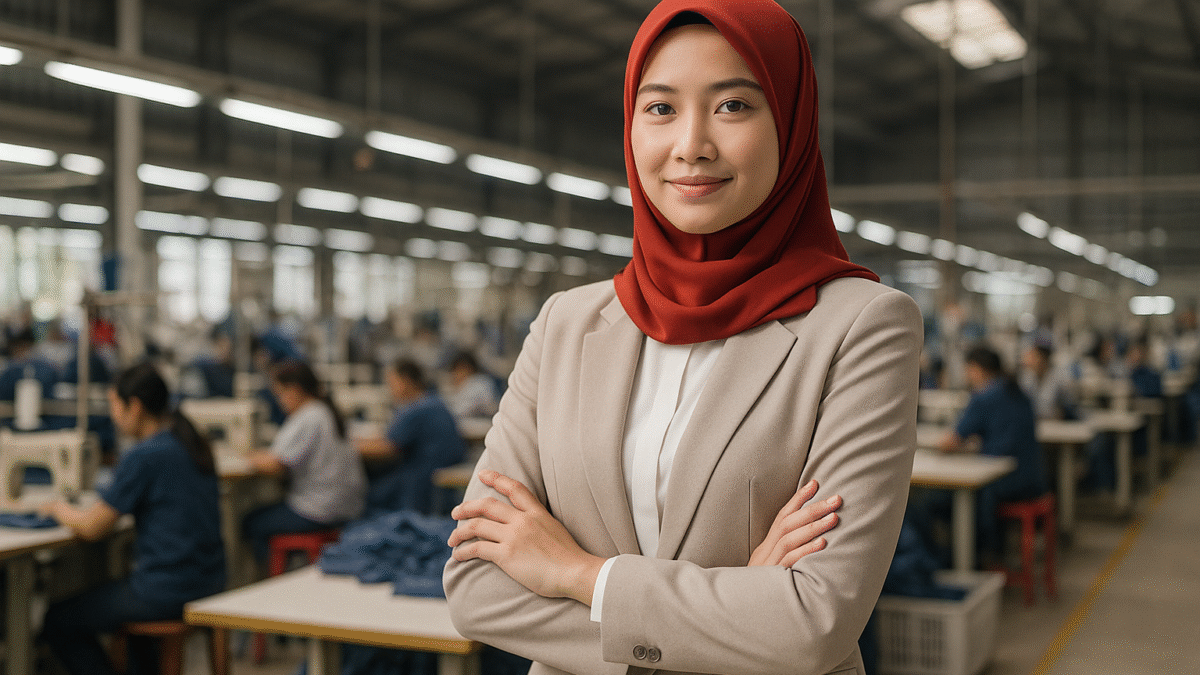 Seorang wanita muda Asia Tenggara mengenakan blazer krem dan hijab merah berdiri percaya diri di pabrik garmen modern, latar belakang pekerja konveksi di Jawa Barat.