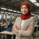 Seorang wanita muda Asia Tenggara mengenakan blazer krem dan hijab merah berdiri percaya diri di pabrik garmen modern, latar belakang pekerja konveksi di Jawa Barat.