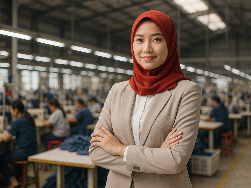 Seorang wanita muda Asia Tenggara mengenakan blazer krem dan hijab merah berdiri percaya diri di pabrik garmen modern, latar belakang pekerja konveksi di Jawa Barat.