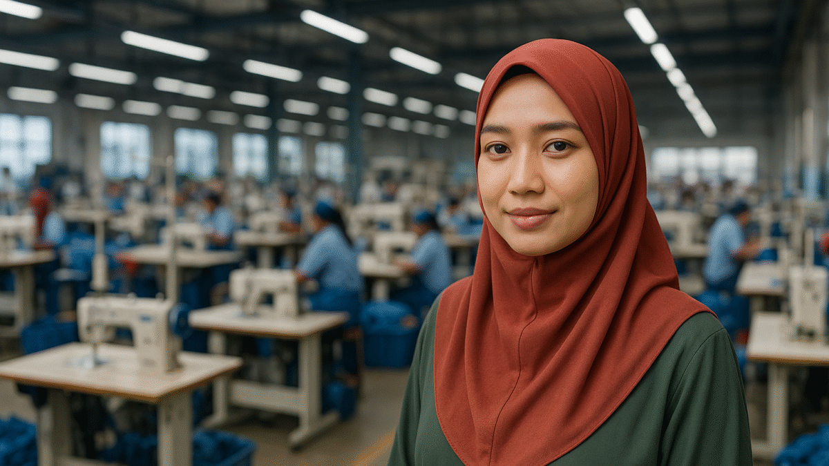 Seorang wanita berhijab warna merah berdiri di pabrik konveksi modern di Karawang, dengan suasana produksi tekstil yang aktif di latar belakang.
