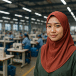 Seorang wanita berhijab warna merah berdiri di pabrik konveksi modern di Karawang, dengan suasana produksi tekstil yang aktif di latar belakang.