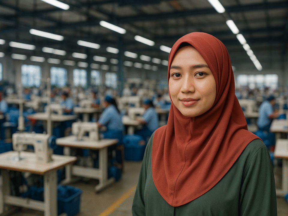 Seorang wanita berhijab warna merah berdiri di pabrik konveksi modern di Karawang, dengan suasana produksi tekstil yang aktif di latar belakang.