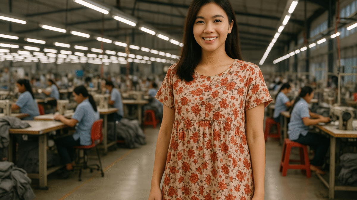 Seorang wanita muda Asia Tenggara mengenakan daster motif floral dengan aksen merah berdiri di dalam pabrik garmen modern di Jawa Barat.