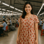 Seorang wanita muda Asia Tenggara mengenakan daster motif floral dengan aksen merah berdiri di dalam pabrik garmen modern di Jawa Barat.