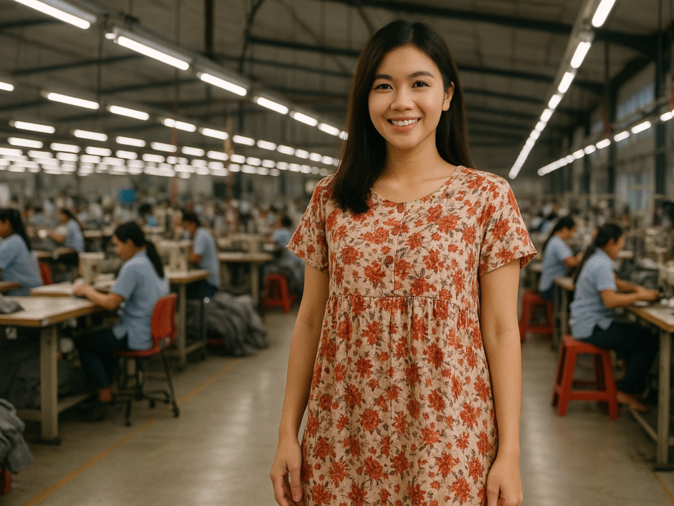 Seorang wanita muda Asia Tenggara mengenakan daster motif floral dengan aksen merah berdiri di dalam pabrik garmen modern di Jawa Barat.