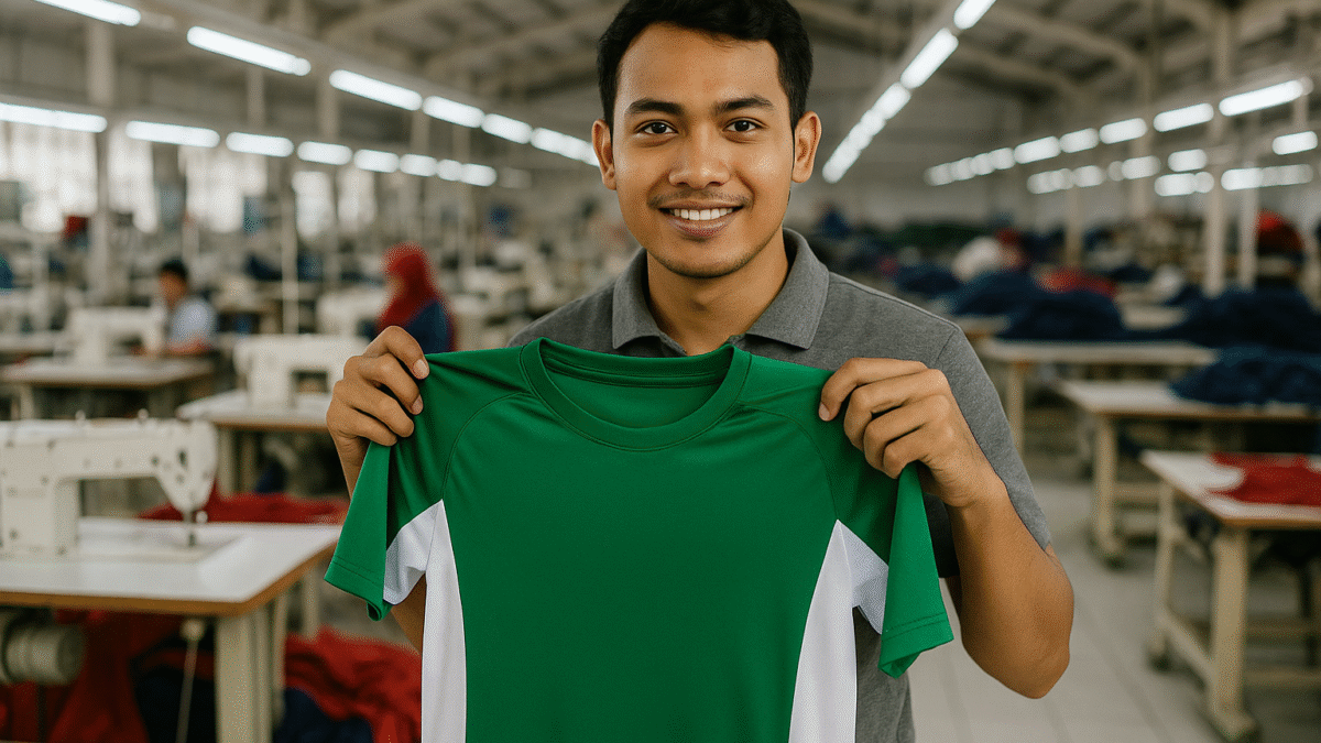 Seorang pria muda Asia Tenggara memegang jersey olahraga hijau di pabrik garmen modern di Jawa Barat, dengan latar pekerja dan mesin jahit, aksen warna merah.